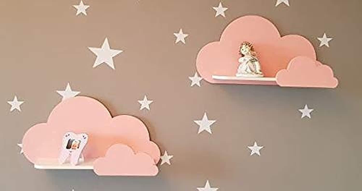 Happy Woody Cloud Wall Shelves for Nursery/Wooden Floating Shelf/Baby Room Decor/Nursery Room Decoration/Kids Room Wall Decor/Gift Set (Soft Pink),Set of 2 ,15.75D x 4.33W x 8.27H in,H-001