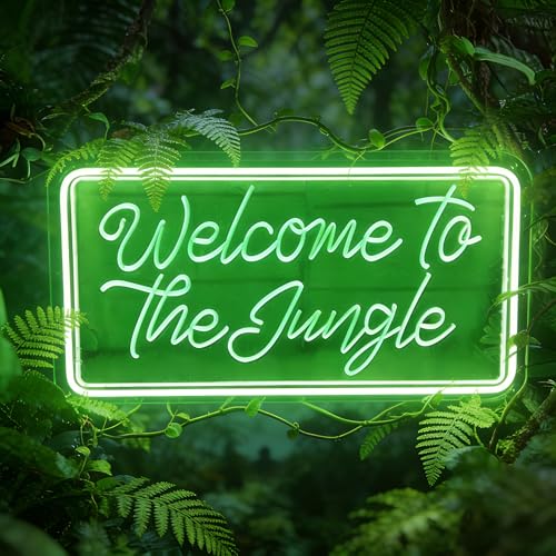 Image of Welcome to the Jungle Neon Sign, Neon Light Sign for Wall Decor Dimmable Green LED signs for Bedroom Home Birthday Party Wedding Engagement Garden Man Cave Decor USB Powered