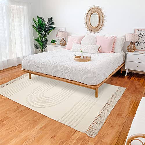 Boho Living Room Rug 5'X7'Washable Cotton Bedroom Rug,Beige Woven Linear Tufted Nursery Area Rug With Tassels Accent Farmhouse Carpet For Teen Room Entryway Dorm #TOP1