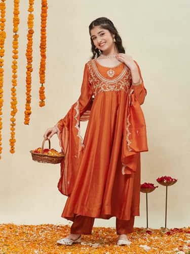 Image of Curly Tales Girls Embroidered Kurta Set with Dupatta | Festive Ethnic Wear for Girls | Stylish Suit Set for Weddings & Celebrations