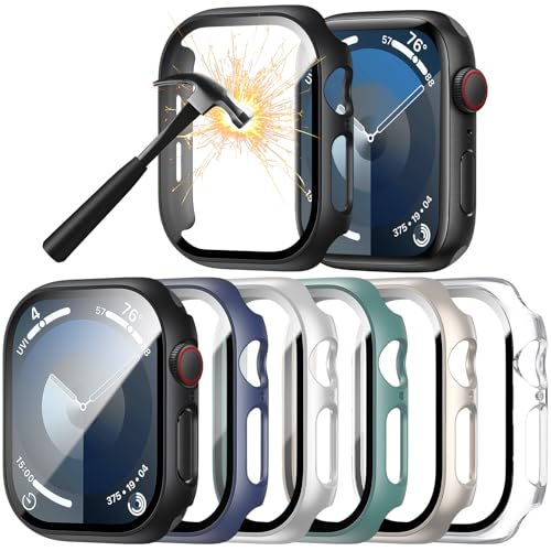 6-Stück Schutzhülle mit Displayschutzfolie Kompatibel mit Apple Watch Series 9/8/7 41mm Ultradünne Hard Gehäuse Eingebaut Kratzfest Gehärtetes Glas Schutzfolie für iWatch 7 8 9 41mm