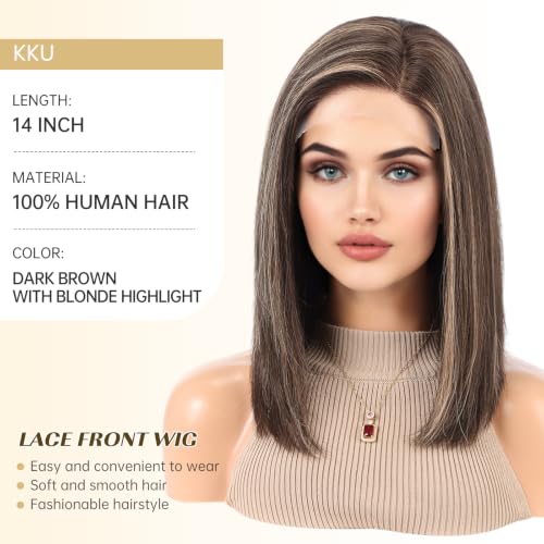 Image of KKU 100% Human Hair Wig, Lace Front Wigs Human Hair Side Part,Brown Mixed Blonde Wig Human Hair, Real Human Hair Wigs for Women(14Inch)