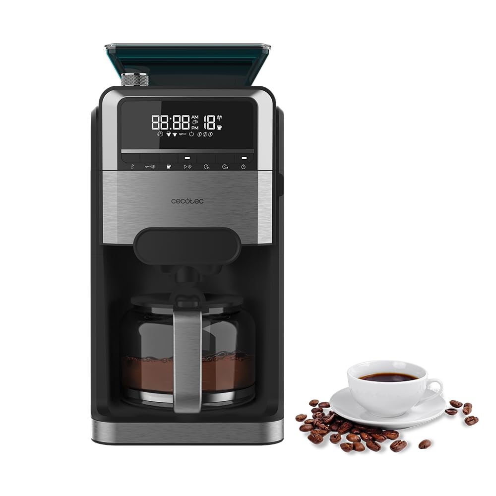 Cecotec Cafeteras de Goteo Coffee 66 Grind & Brew. 1400W, 1.5L, 12 Tazas, 230g Deposito Café Grano, Molinillo Cónico, 7 Niveles, Programable hasta 24h, Intensidad Ajustable, Acero Inoxidable