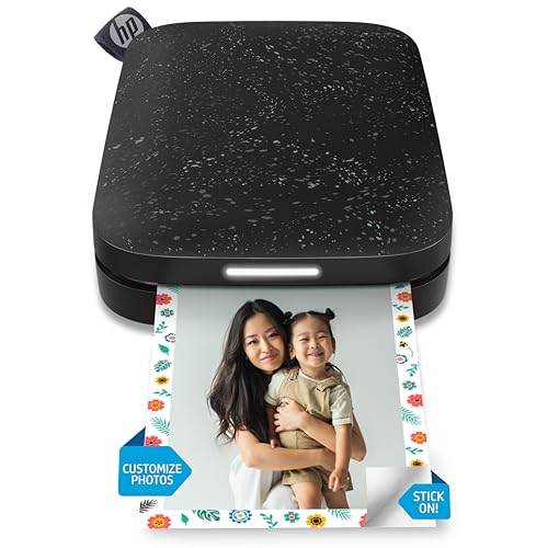 HP Sprocket Portable 2x3 Inch Instant Photo Printer (Black Noir) Print Pictures on Zink Sticky-Backed Paper From Your iOS & Android Device