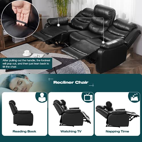 Mellcom Pu Leather Reclining Sofa, Upholstered Sofa Recliner Chair, Manual Reclining Home Theater Seating, Arm Chair For Living Room Reading Room Bedroom, Black, Three Seat #TOP3
