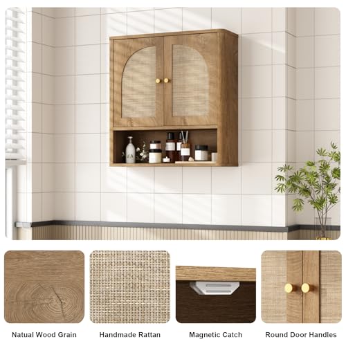 Armario de baño mural RUSTOWN de ratán con 2 puertas arqueadas y estante ajustable | Armarios de almacenamiento sobre inodoro, armario de medicamentos moderno con bordes redondeados, organización para baño estilo mid-century miniatura 3