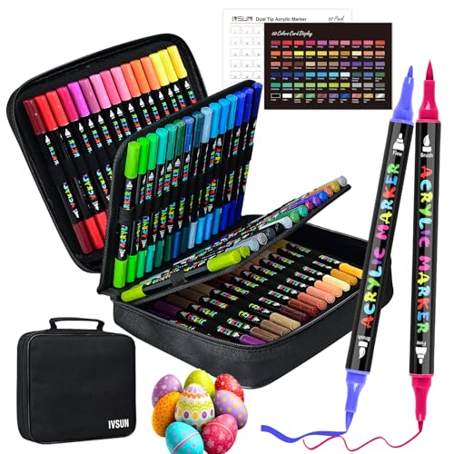 Image of IVSUN Acrylic Paint Pens, 60 Colors Dual Tip Paint Markers | with Fine Tip and Brush Tip for Stone, Wood, Canvas, Calligraphy, Ceramic, Metal, Glass, Rock Painting, DIY Crafts