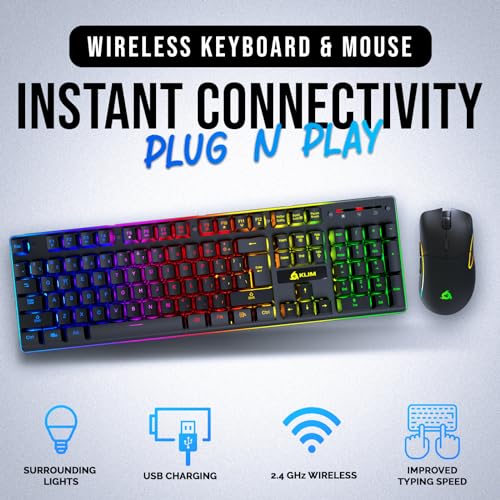 Image of KLIM Thunder Wireless Gaming Keyboard and Mouse Combo - New - Backlit Keyboard with Long-Lasting Built-in Battery - 4800 DPI RGB Gaming Mouse for PC