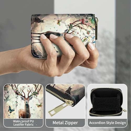 Image of Cute Credit Card Holder with Zipper, Decorative Deer Butterfly RFID-Blocking Card Case Small Wallet for Women Men, Multi-slot Card Organizer Case Travel Accordion Wallet