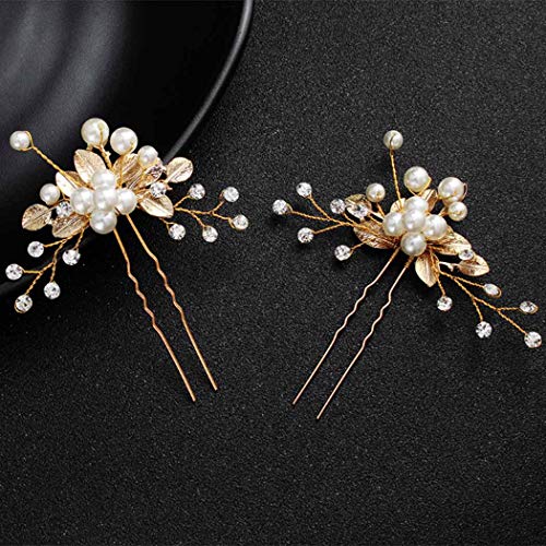 Brishow Bride Pearl Wedding Hair Pins Clips Gold Leaf Bridal Hair Piece Crystal Hair Accessory for Women and Girls (2 PCS)