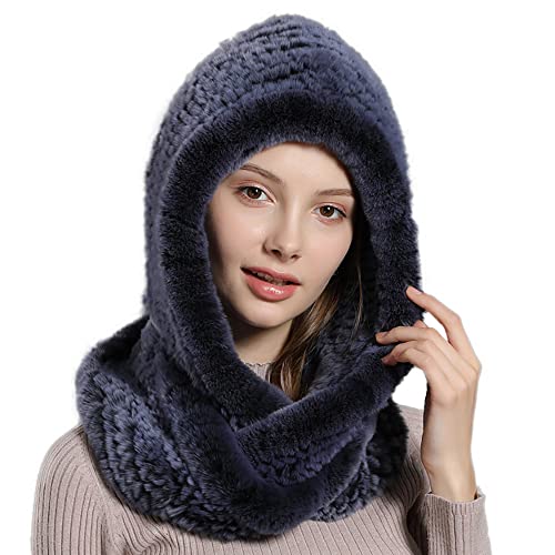 Winter Warm Real Rex Rabbit Fur Hat Women 2-in-1 Function Hoods with Scarf Hats Hooded Muffler Fur Headband Cap