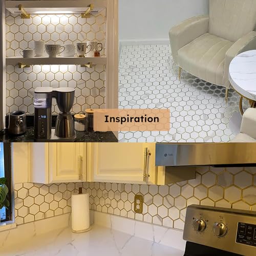 Diflart Peel and Stick Kitchen Backsplash Tiles Gold and White Hexagon PVC Wall Tile Faux Marble for Kitchen Bathroom Pack of 10 Sheets - Image 6
