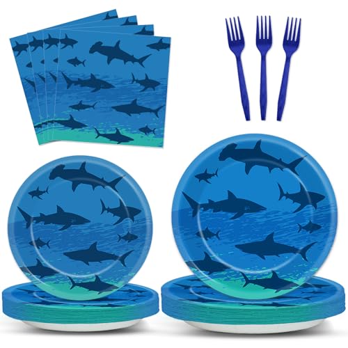 Oitnlaughter 96PCS Shark Birthday Paper Plates Napkins Forks Set for Ocean Shark Themed Party Disposable Decor Under the Sea Party Tableware Sets for Baby Shower Ocean Animal Theme Party Decorations