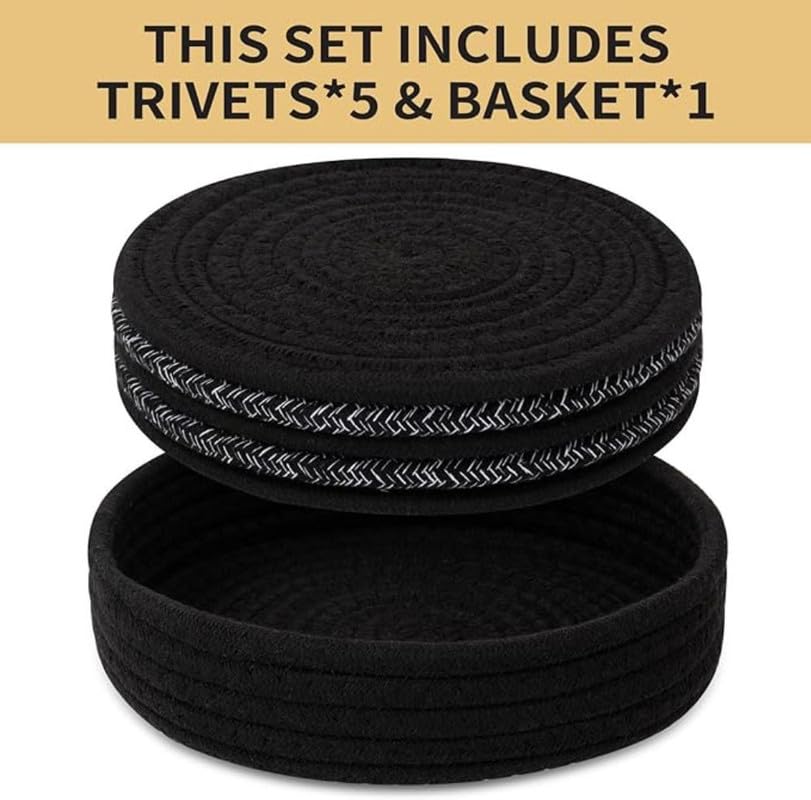 Image of Mansa for Hot Dishes, Pots and Pans, Hot Pads with Storage Basket, Pot Holders for Kitchen, Heat Resistant Mat Protect Counter Home Essentials, Farmhouse Decor (Pack of 5 with Cover) Multi Black