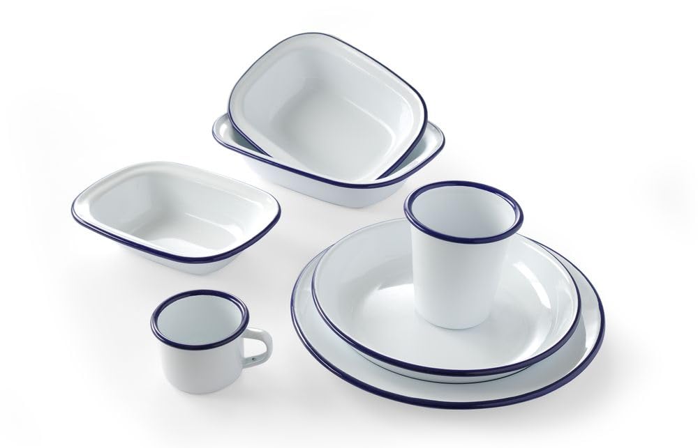 HENDI Plato de acero esmaltado blanco, con borde azul, cuenco, recipiente redondo, para horno de cocina, para preparar y servir diferentes platos, sopas, caldos, postres, ensaladas, ø220x(H)36mm