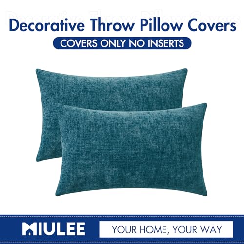 Image of MIULEE Pack of 2 Dark Teal Throw Pillow Covers 12x20 Inch Soft Chenille Lumbar Pillow Covers for Sofa Living Room Couch Solid Dyed Cases