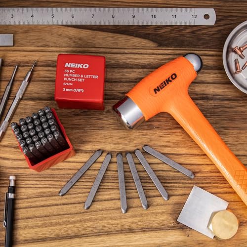 Image of NEIKO 02631A Number and Letter Punch Set with Heat-Treated Steel Punches, Imprinting & Arts and Crafts, 1 /8 inch (3 MM) Shaft, 36 Pc Stamp Set, Uppercase Letter & Number Punch Set (A-Z / 0-8 / inch& inch)