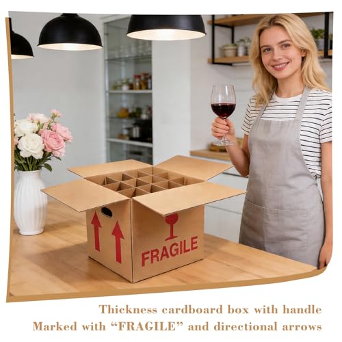 Image of 10 Pack 14 inch x 12 inch x 13 inch Wine Bottle Moving Boxes with Dividers Handles, Corrugated 12 Bottle Storage Carrier for Glassware, Bottles, Dishes Moving