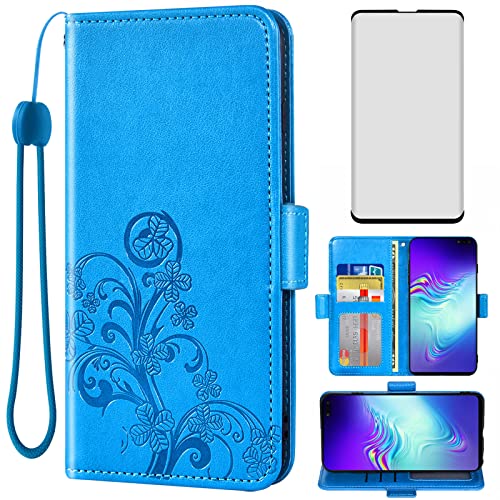 Asuwish Compatible avec Samsung Galaxy S10 5G Étui portefeuille et protecteur d'écran en verre trempé Accessoires à rabat Dragonne Porte-cartes Coque de...