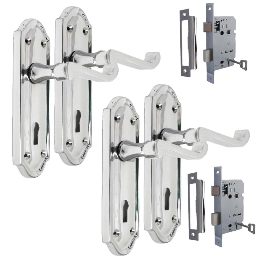 Epsom Door Handle Victorian Style Polished Chrome Lever Set – Internal Backplate Design – Supplied with 3-Lever Mortice Sash Mechanism – 2 Pairs