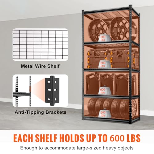 Image of VEVOR Storage Shelving Unit, 5-Tier Adjustable, 2000 lbs Capacity, Heavy Duty Garage Shelves Metal Organizer Wire Rack, Black, 36 inch L x 16 inch W x 72 inch H for Kitchen Pantry Basement Bathroom Laundry Closet