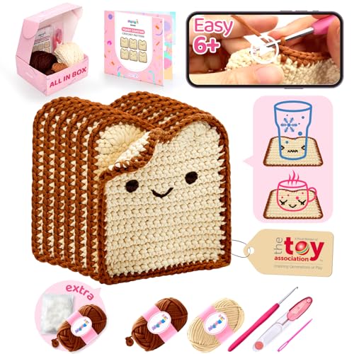 Mewaii Crochet Kit for Beginners, 6 Pack Toast Coaster Craft Set