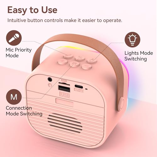 Image of Oraolo Karaoke Machine with 2 Wireless Microphones, Portable Mini Karaoke for Kids, Speaker Support Multi-Channel Connection, Funny Magical Sound Modes, Birthday Gifts for Girls Boys (Pink