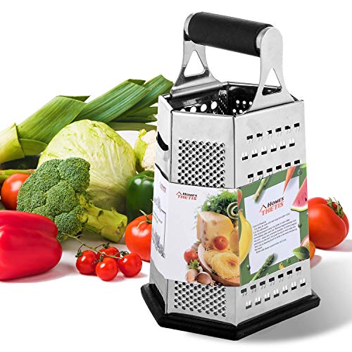 Kitchen Box Grater, Stainless Steel Cheese Grater - 6 Sides Stand Grater With Rubber Handle & Base For Parmesan Cheese, Ginger, Vegetables By Thetis Homes #TOP6