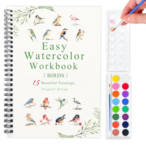 SLWBZ Watercolor Workbook Birds, 15 Different Patterns of Original DIY Designs, 16 Color Watercolor Paint Plates with Palette and Brush, Beginner-Friendly Watercolor Workbooks, Birds