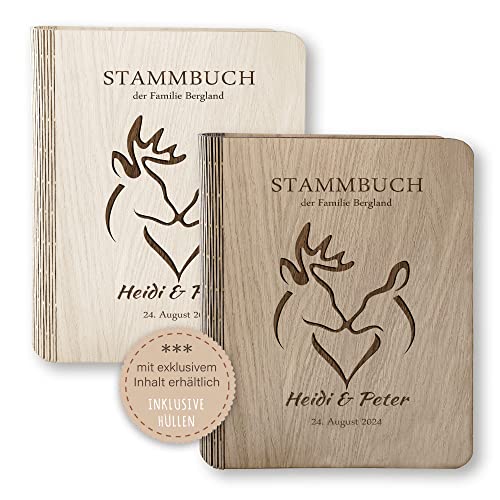 Stammbücher Holz Stammbuch der Familie personalisiert Takura Holzbuch A5 oder A4 Familienstammbuch Hirsch REH beige braun Handarbeit