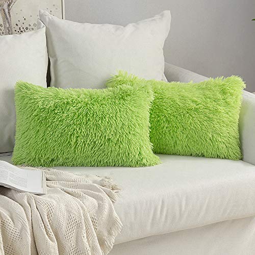 MIULEE Pack of 2 Luxury Faux Fur Fluffy Throw Pillow Covers Set Soft Deluxe Decorative Plush Fleece Pillowcases for Cushion Couch Sofa Bedroom Home 12 x 20 Inch Green