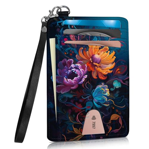 Credit Card Holder Slim Wallet with Wristlet Lanyard,Leather Front Pocket Purse RFID Blocking Wallet Card Case with ID Window for Women & Men-Art Flowers