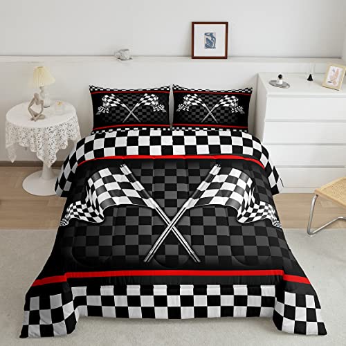 Racing Car Kids Comforter Set Queen Size,Boys Girls Adults Bedroom/Gamer Decor,Flags Checkered Grids Geometric Down Comforter,Modern Sports Stylish Bedding Set,Black White Duvet Insert,2 Pillowcases
