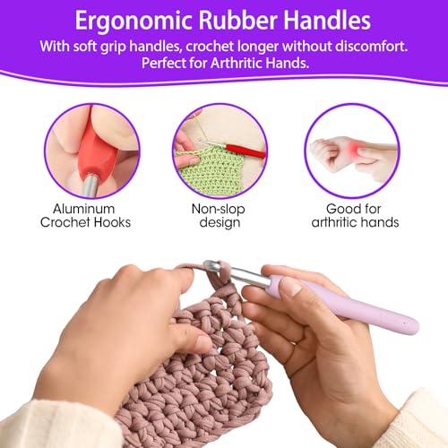Miniatura 4 de Realplus Crochet Set, 14 Piezas Crochet Hook Set 2mm-10mm , Regalo Para Mujeres, Kit De Agujas De Tejer Ergonómicas Con Mango De Goma Antideslizante Y Bolsas, Morado 47 Pzas