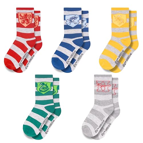 Harry Potter Boys Athletic Socks - 5 Pack of High-Cut Striped Socks Featuring Iconic Hogwarts Colors for Ages 4-10