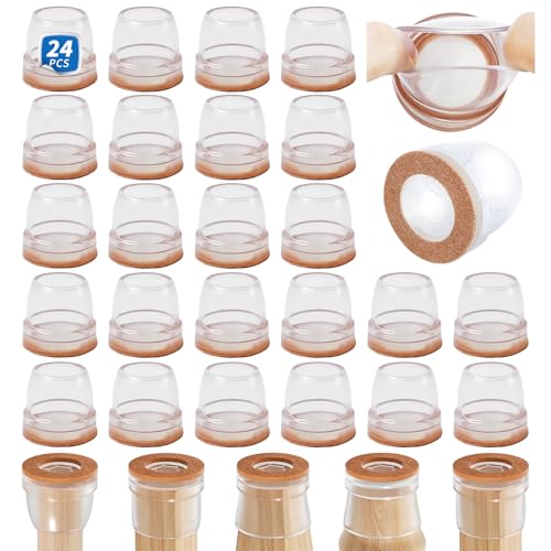 Ezprotekt Chair Leg Covers, 24 PCS 1" Transparent Silicone Chair Leg Floor Protectors with Wrapped Felt