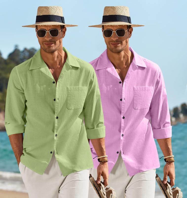 Image of Combo of Men's Casual Cotton Blend Shirt || Long Sleeve Button Down with Spread Collar | Lightweight Breathable Fabric | Stylish Solid Shirt for Beach, Office & Everyday Wear Pack of 2