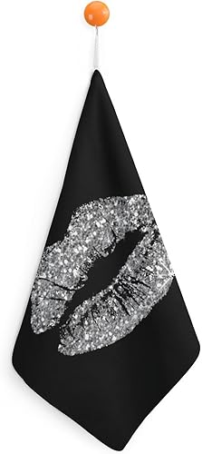 Toalla de mano de microfibra suave y absorbente para baño, color negro, blanco y gris, con purpurina, para baño, cocina, 12 x 12 pulgadas