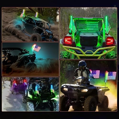 Image of LED Whip Lights, AKD Part 2PCS 2FT UTV ATV Lighted Whips Bluetooth APP /Remote Control RGB LED Whips Antenna Flags for UTV SXS Side by Side Trucks RZR Can-Am Kawasaki Honda Yamaha Accessories