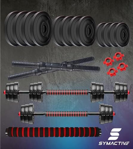 Image of Amazon Brand - Symactive PVC 24 Kg 3-in-1 Convertible Dumbbells Kit for Workout (1 Kg x 4 + 2 Kg x 4 + 3 Kg x 4 PVC Weight, 14'' Dumbbell Rods Pair & Nuts, 1 Cushioned Connector Rod) | Multicolor