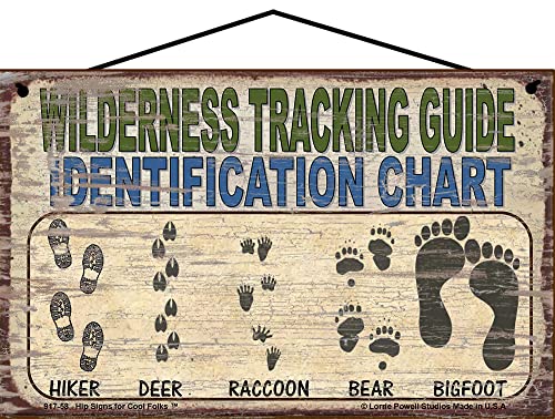 5x8 Vintage Style Bigfoot Themed Sign - Wilderness Tracking Guide Identification Chart - Hiker Deer Raccoon Bear Bigfoot Footprints Home Décor