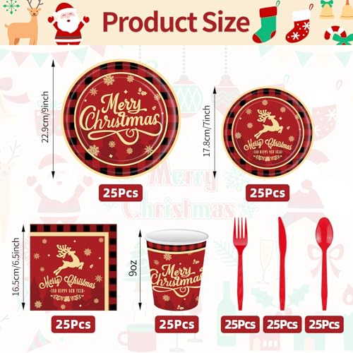 175 Pcs Merry Christmas Party Supplies Set - Serves 25, Festive Red and Black Plaid Disposable Tableware, Includes Paper Plates, Cups, Napkins, Forks, Spoons, Knives for Xmas Holiday Celebrations – Image 3
