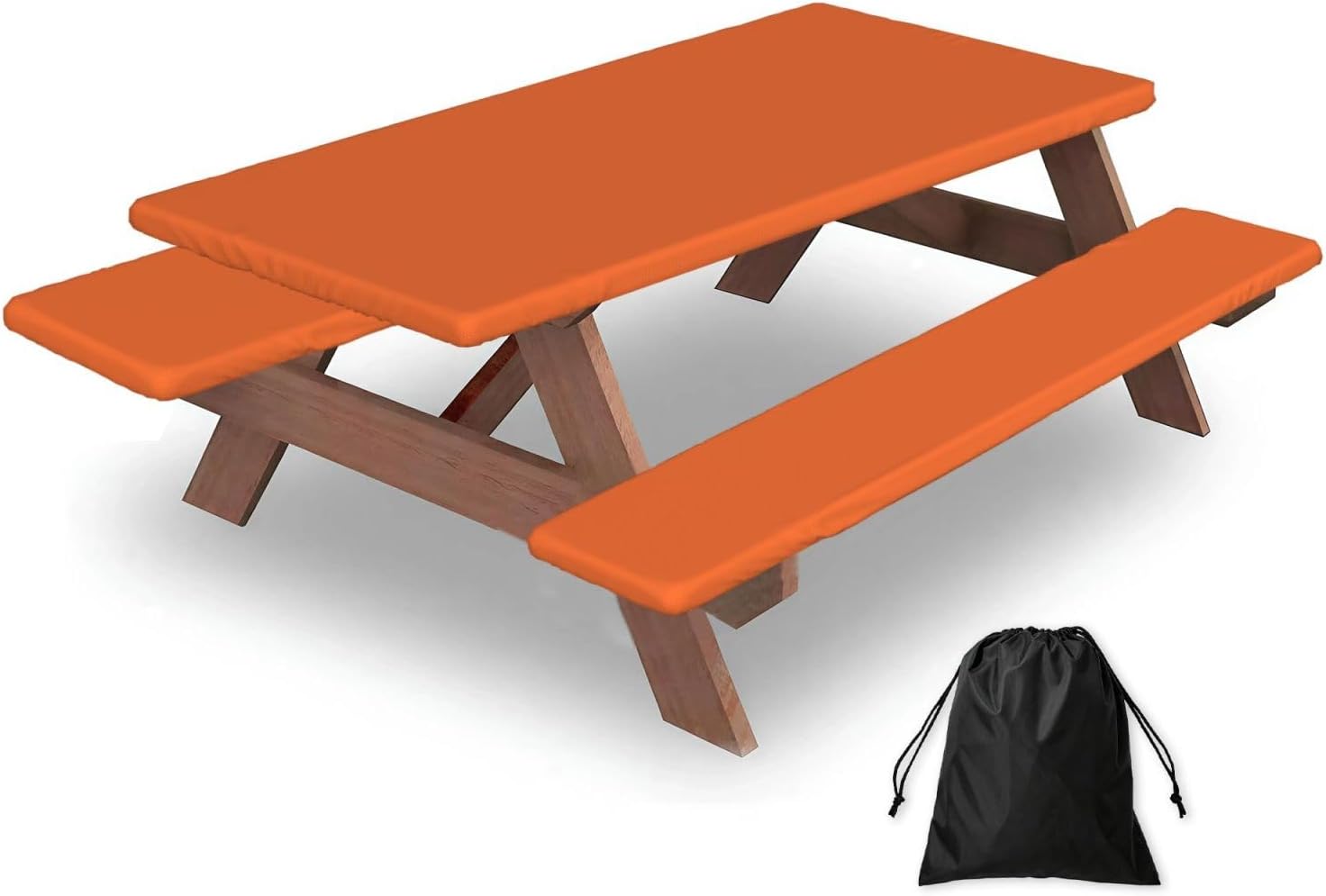 Picnic Table Cover with Bench Covers and Bag,Orange Solid Color Waterproof Elastic Fitted Rectangle Tablecloth for Outdoor Patio Camping Essentials,30x60in