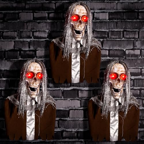 Halloween Animatronics Hanging Zombie Decorations Animated Floating Scary Skull Pathway Markers with Stakes Sound Activated Talking Light Up Eyes Haunted Horror Prop for Indoor Outdoor (3Pack)