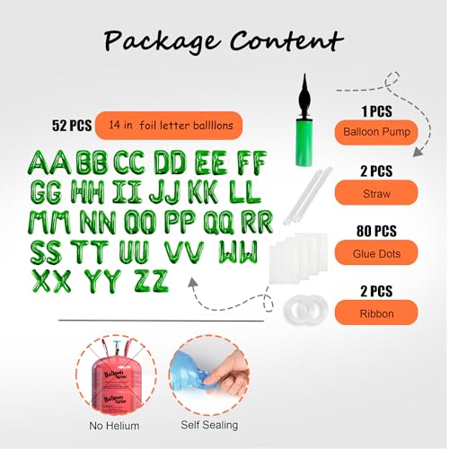 Image of 52 pcs Green Foil Letter Balloons with Air Pump, 16 Inch 2 A-Z Sets - Mylar Alphabet Balloon Kit for Birthday Banner & Party Decorations