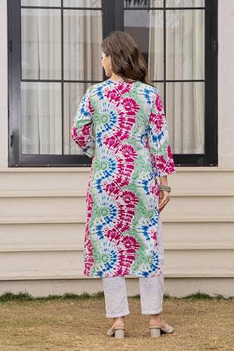 Image of Women's Tie-Dye Printed Kurti, V-Neck, 3 /4 Sleeves, Multicolour, Casual Wear