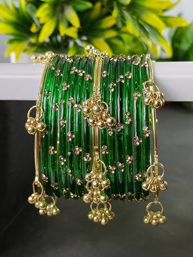 Image of NMII Viral Multi Colour Glass Bangles with Golden Ghungroo Charms & Stone Work For Women & Girls | Fancy Designer Glass Bangle | Traditional Chudi | Kanch Ki Churi | Stylish Ghungroo Bangle For Women