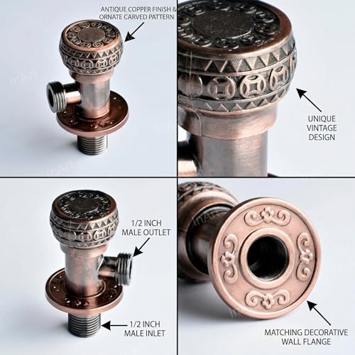 Image of InArt Zinc Angle Cock Valve for Bathroom & Kitchen | Stop Cock with Wall Flange | Antique Brass Finish (Antique Copper) - 5 Year Warranty