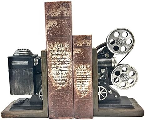 Bellaa 20904 Vintage Camera Bookends Film Movie Projector Book Shelves Cottage Farmhouse Antiques Home Decor Black and Silver 8 Inch