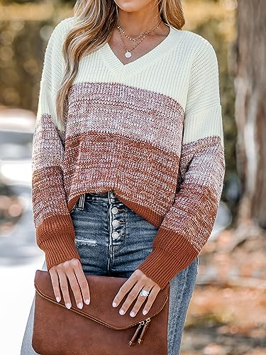 Image of CUPSHE Women Sweater Striped V-Neck Tops Long Drop Sleeve Pullover Casual